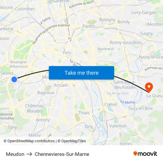 Meudon to Chennevieres-Sur-Marne map