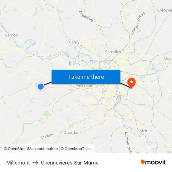 Millemont to Chennevieres-Sur-Marne map