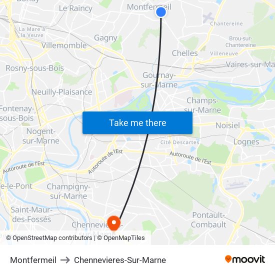 Montfermeil to Chennevieres-Sur-Marne map