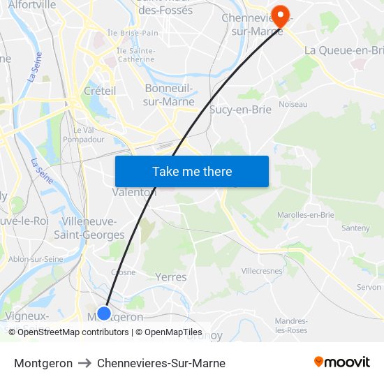 Montgeron to Chennevieres-Sur-Marne map