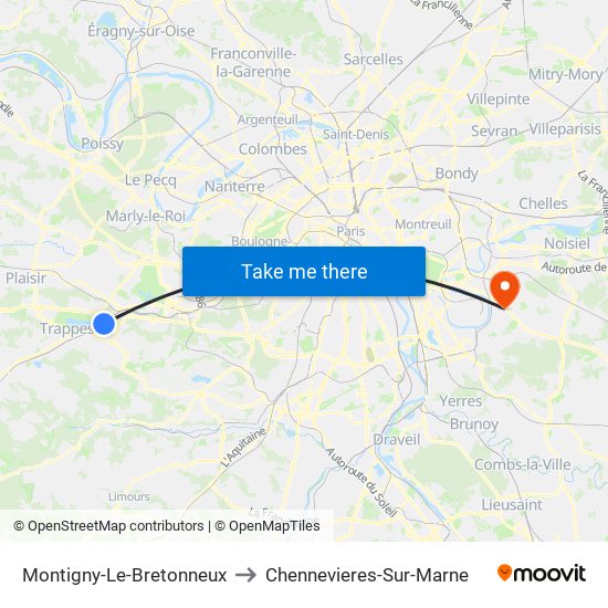 Montigny-Le-Bretonneux to Chennevieres-Sur-Marne map