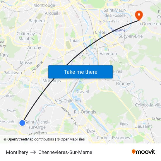 Montlhery to Chennevieres-Sur-Marne map