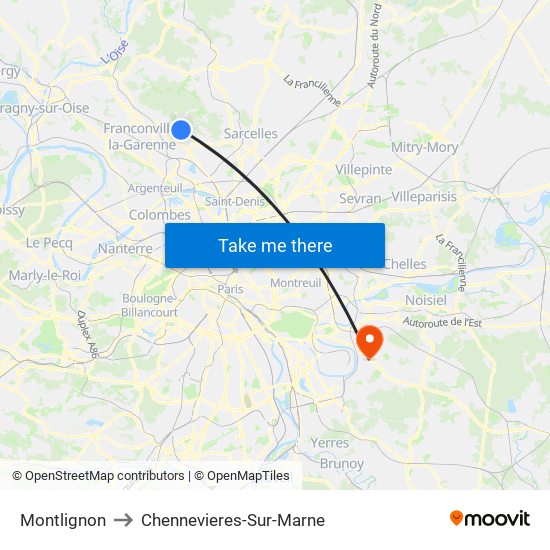 Montlignon to Chennevieres-Sur-Marne map