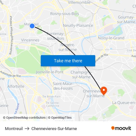 Montreuil to Chennevieres-Sur-Marne map