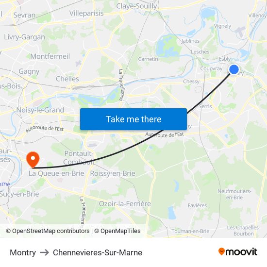 Montry to Chennevieres-Sur-Marne map