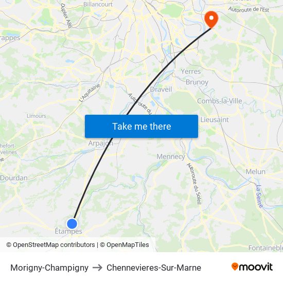 Morigny-Champigny to Chennevieres-Sur-Marne map