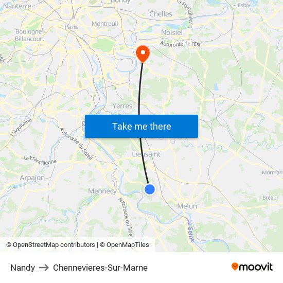 Nandy to Chennevieres-Sur-Marne map