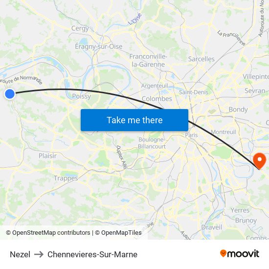 Nezel to Chennevieres-Sur-Marne map