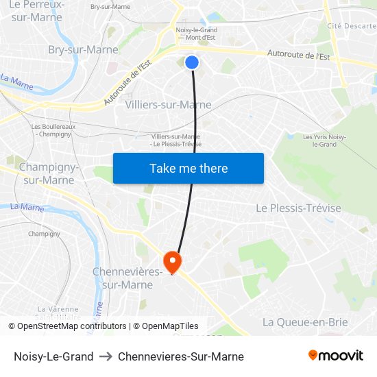 Noisy-Le-Grand to Chennevieres-Sur-Marne map