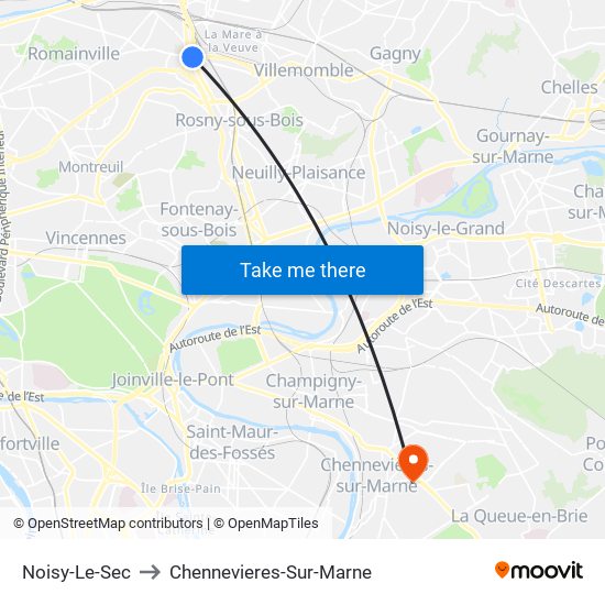 Noisy-Le-Sec to Chennevieres-Sur-Marne map