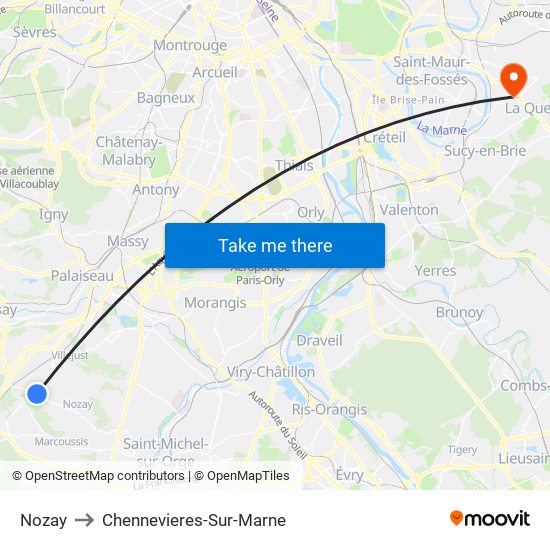 Nozay to Chennevieres-Sur-Marne map