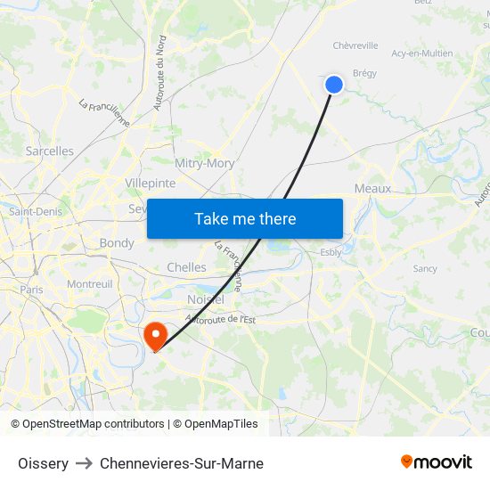 Oissery to Chennevieres-Sur-Marne map