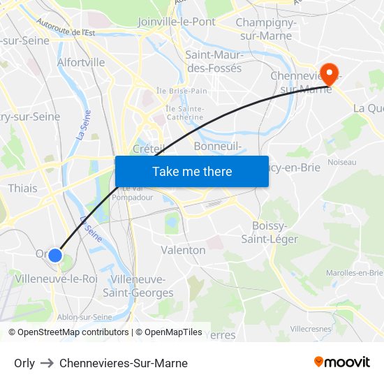 Orly to Chennevieres-Sur-Marne map
