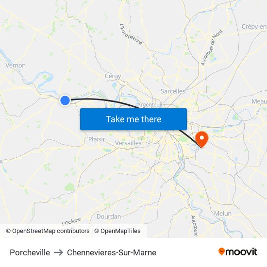 Porcheville to Chennevieres-Sur-Marne map