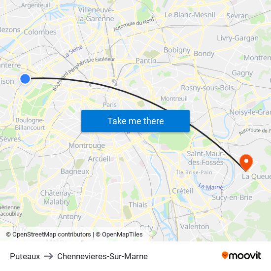 Puteaux to Chennevieres-Sur-Marne map