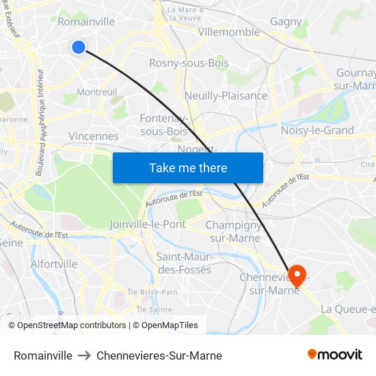 Romainville to Chennevieres-Sur-Marne map