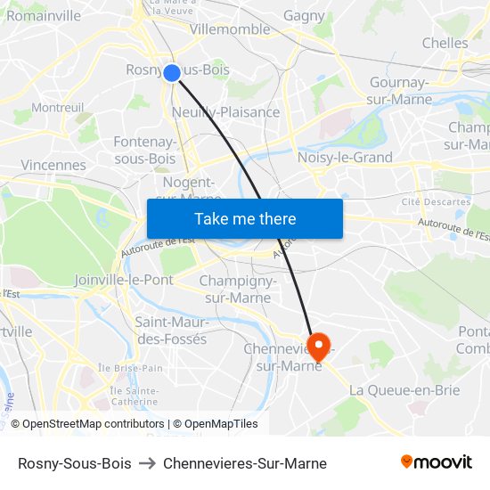 Rosny-Sous-Bois to Chennevieres-Sur-Marne map