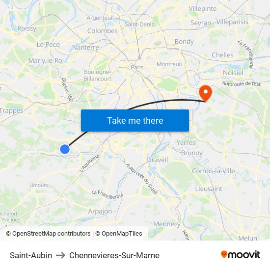 Saint-Aubin to Chennevieres-Sur-Marne map