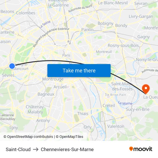 Saint-Cloud to Chennevieres-Sur-Marne map