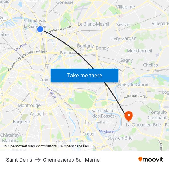 Saint-Denis to Chennevieres-Sur-Marne map