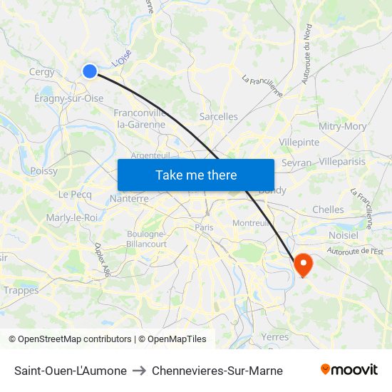 Saint-Ouen-L'Aumone to Chennevieres-Sur-Marne map