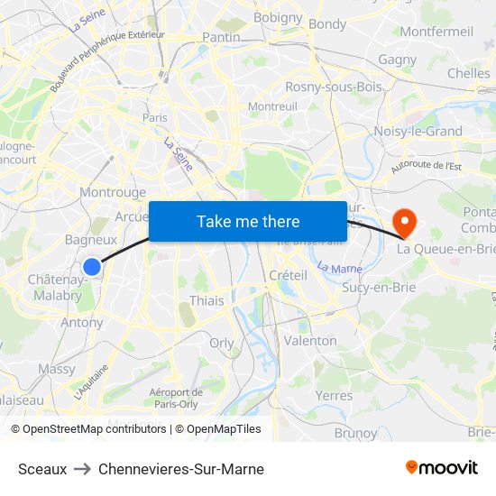 Sceaux to Chennevieres-Sur-Marne map