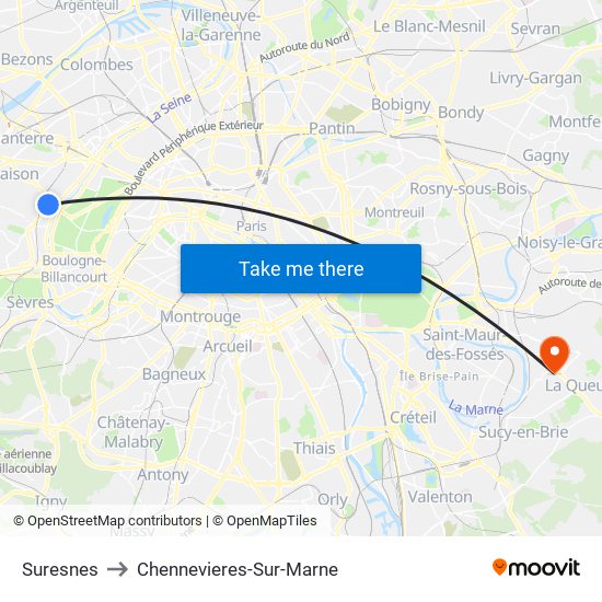 Suresnes to Chennevieres-Sur-Marne map