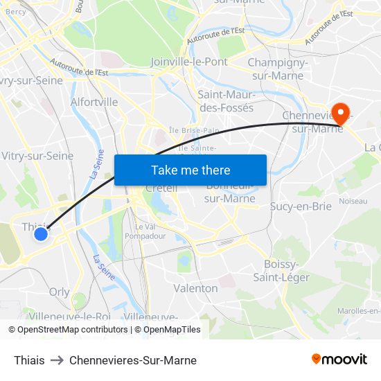 Thiais to Chennevieres-Sur-Marne map