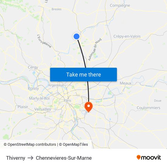 Thiverny to Chennevieres-Sur-Marne map