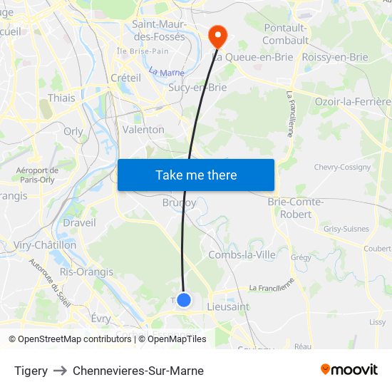 Tigery to Chennevieres-Sur-Marne map