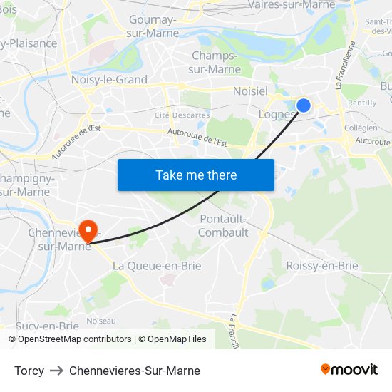 Torcy to Chennevieres-Sur-Marne map