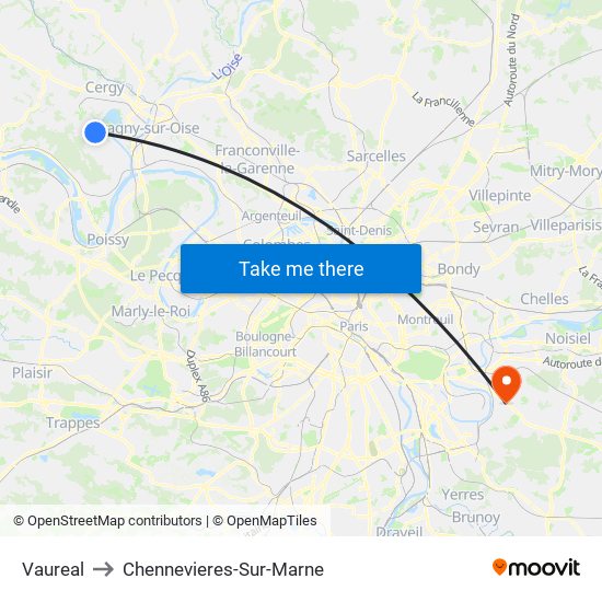 Vaureal to Chennevieres-Sur-Marne map