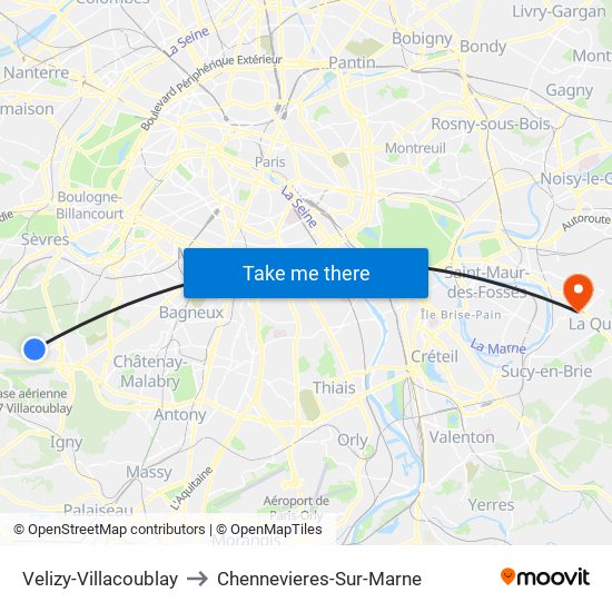 Velizy-Villacoublay to Chennevieres-Sur-Marne map