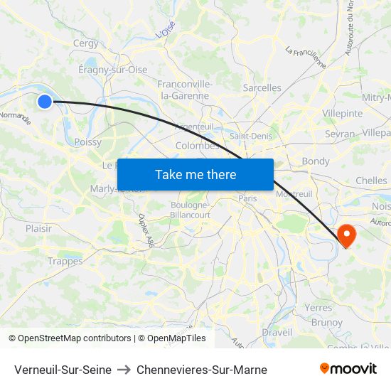 Verneuil-Sur-Seine to Chennevieres-Sur-Marne map