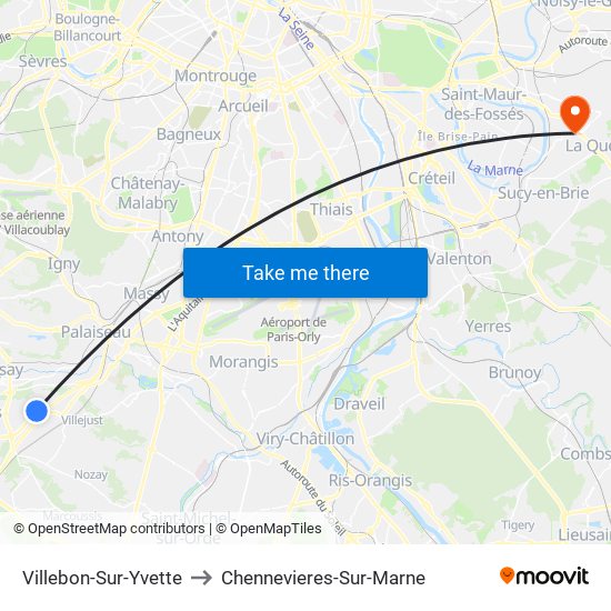 Villebon-Sur-Yvette to Chennevieres-Sur-Marne map
