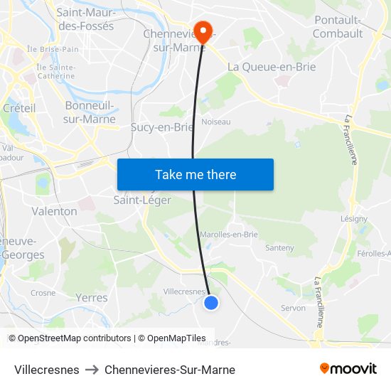Villecresnes to Chennevieres-Sur-Marne map