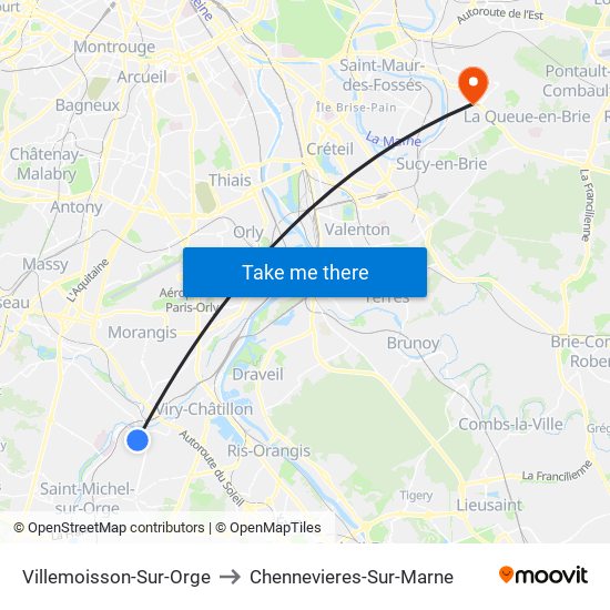 Villemoisson-Sur-Orge to Chennevieres-Sur-Marne map