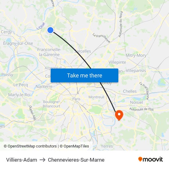 Villiers-Adam to Chennevieres-Sur-Marne map