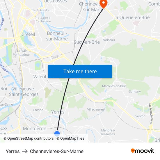 Yerres to Chennevieres-Sur-Marne map
