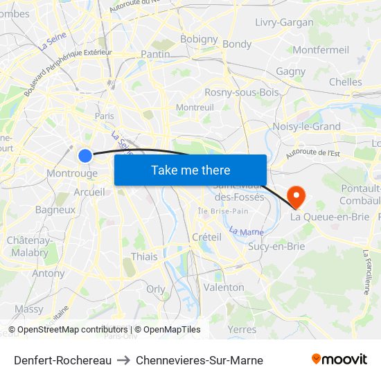 Denfert-Rochereau to Chennevieres-Sur-Marne map