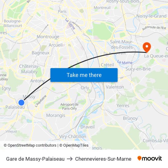 Gare de Massy-Palaiseau to Chennevieres-Sur-Marne map