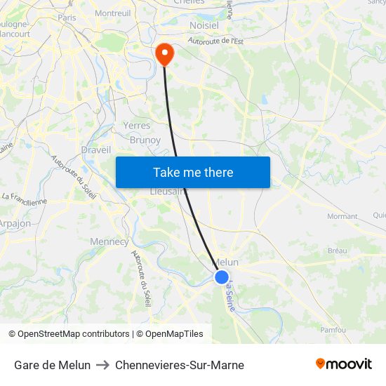 Gare de Melun to Chennevieres-Sur-Marne map