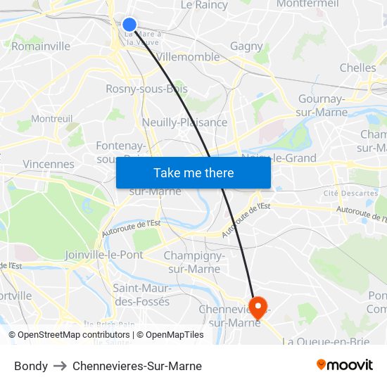 Bondy to Chennevieres-Sur-Marne map