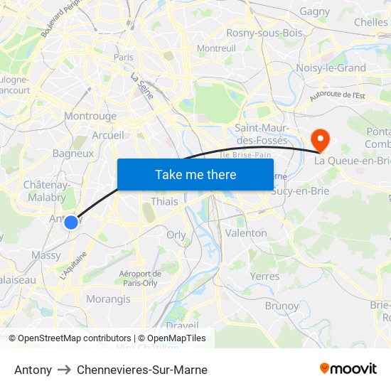 Antony to Chennevieres-Sur-Marne map