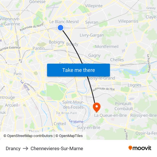 Drancy to Chennevieres-Sur-Marne map