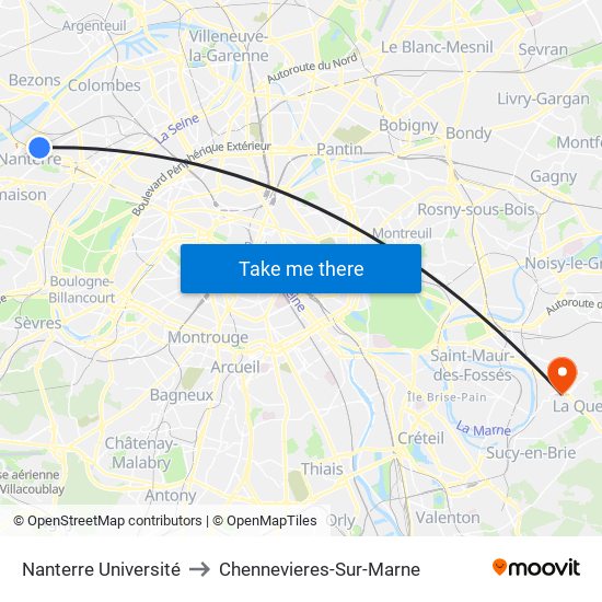 Nanterre Université to Chennevieres-Sur-Marne map