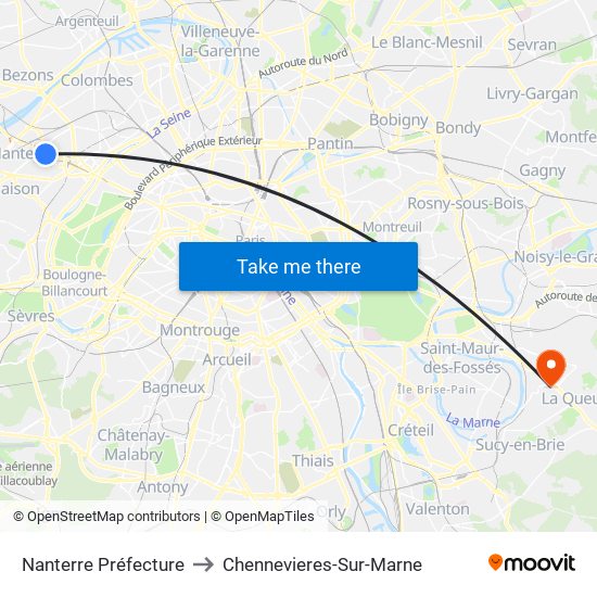 Nanterre Préfecture to Chennevieres-Sur-Marne map