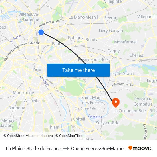 La Plaine Stade de France to Chennevieres-Sur-Marne map