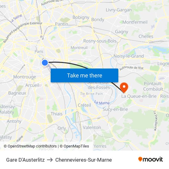 Gare D'Austerlitz to Chennevieres-Sur-Marne map