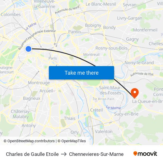 Charles de Gaulle Etoile to Chennevieres-Sur-Marne map